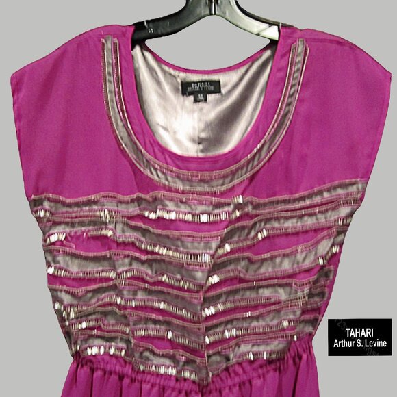 TAHARI ASL NEW Embellished Silver Ribbon Violet Cocktail Sheath Mini Dress — XS - Picture 4 of 13